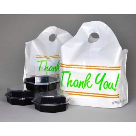 LK PACKAGING Printed "Thank You" Take Out Bag W/ Bell Top Handle, 16-1/2"W x 14"L, 1.25 Mil, White, 500/Pack TO165146TY